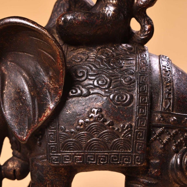 Antique Chinese Solid Copper "Feng Hou Bai Xiang" Monkey on Elephant Figurine - Auspicious Scholar Official Symbol, Heavy Bronze Sculpture For Sale - Image 9 of 9