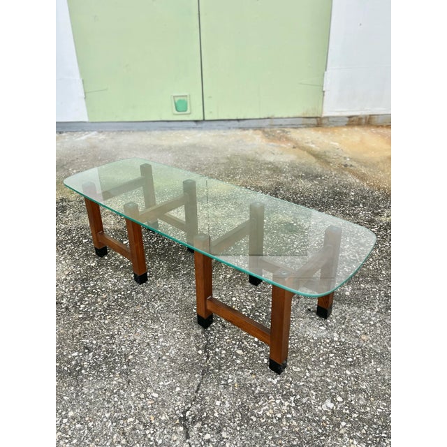 Wood Walnut Double Square Pedestal Base Coffee Table With Glass Top For Sale - Image 7 of 13