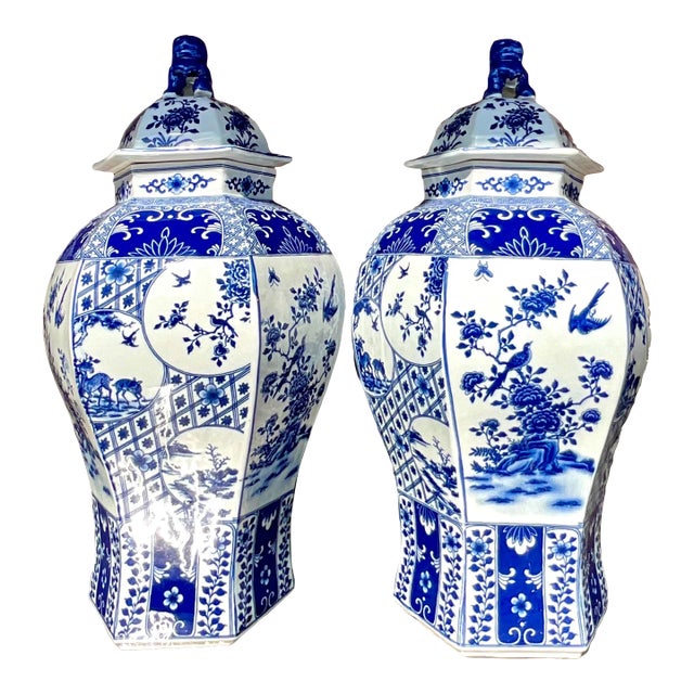 Vintage Asian Blue and White Urns - a Pair For Sale