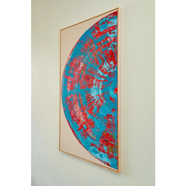 Cyan Red Circle Diptych, Contemporary Painting on Canvas, Framed For Sale - Image 6 of 12