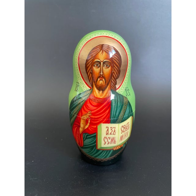 Wood Hand Painted Byzantine Orthodox Icons Nesting Dolls - Set of 5 For Sale - Image 7 of 12