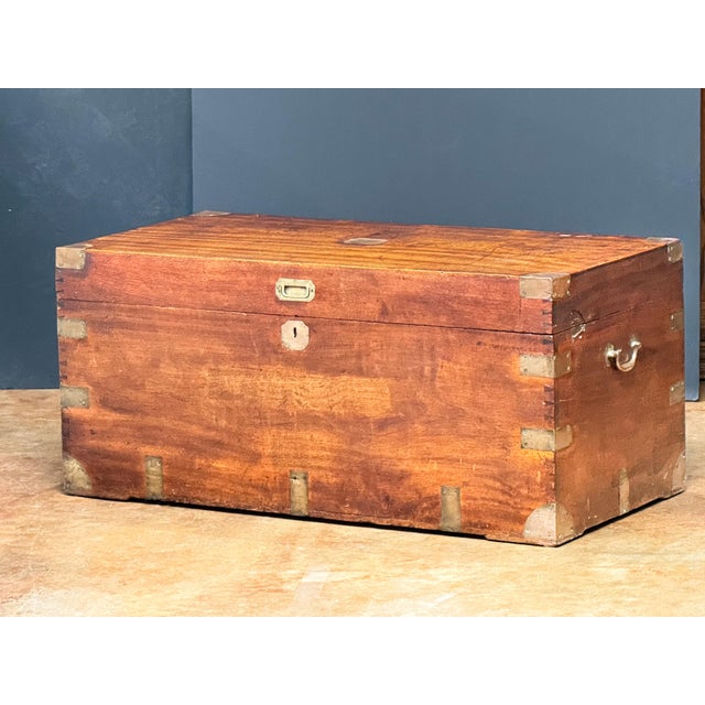 Wood British Campaign Military Officer's Trunk or Chest of Brass-Bound Camphorwood For Sale - Image 7 of 14
