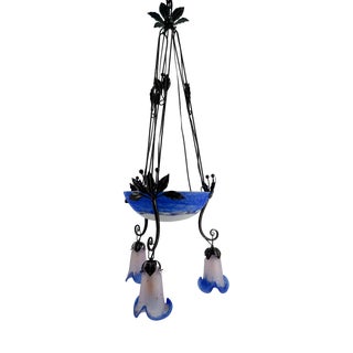 Art Deco Wrought Iron Chandelier with Blue Blown Glass, France For Sale