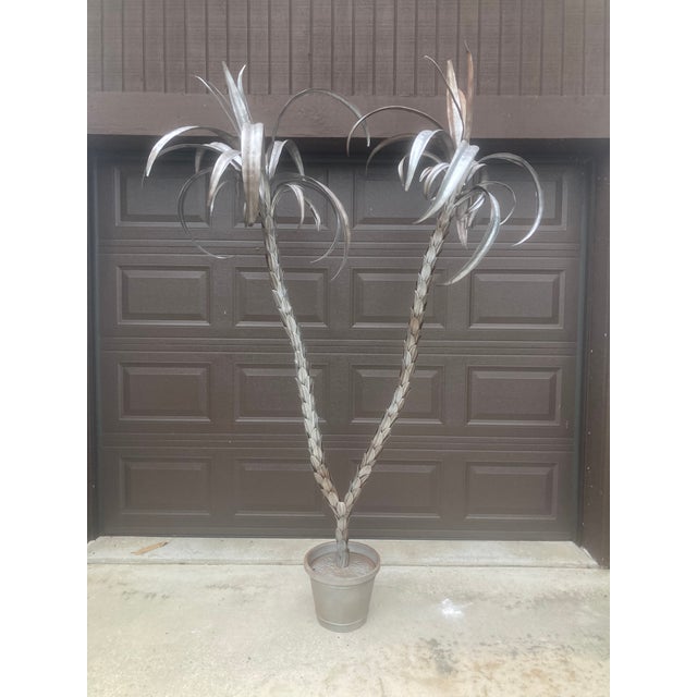 Tole Double Palm Tree in Pot Hand Crafted in Italy 1960 - Silver on Aged Bronze Patina For Sale - Image 14 of 16