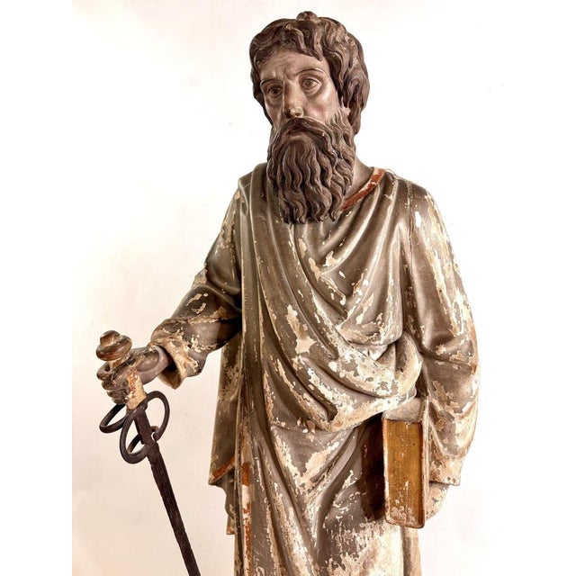 Antique Statue of Saint Paul in Solid Oak For Sale - Image 6 of 14
