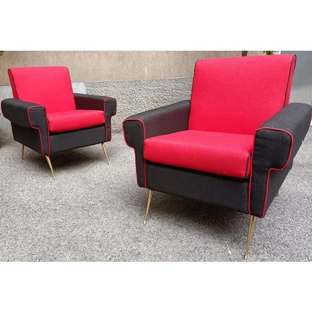 Set of Armchairs in Red and Black with Brass Legs, 1950s For Sale - Image 9 of 9