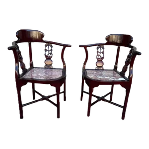 Late 20th Century Pair of Vintage Chinoiserie Rosewood Horseshoe Arm Chairs With Marble Seat