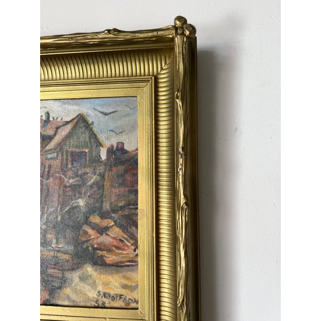 Brown 1950's S. Wolfson Fishing Dock Coastal Landscape Oil Painting For Sale - Image 8 of 12