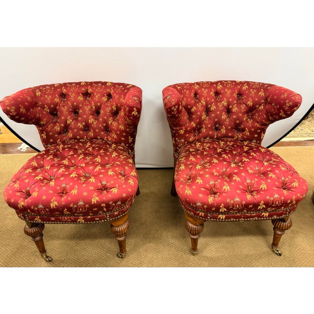 Pair of Chinoiserie Tufted Red Barrel Back Slipper Chairs For Sale - Image 9 of 11