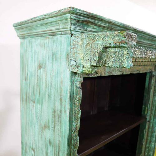 Green Indian Carved Wood Bookshelf with Green Patina For Sale - Image 8 of 11