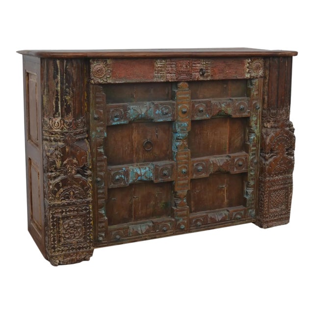 Solid Reclaimed Carved Teak Bar With Multicolor Accents For Sale