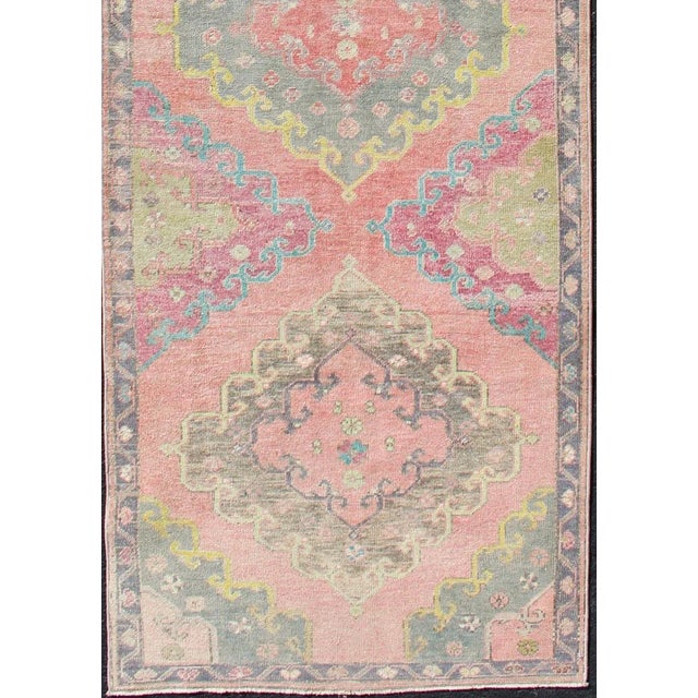 Turkish Colorful Vintage Hand Knotted Turkish Oushak Runner in Muted Tones For Sale - Image 3 of 13