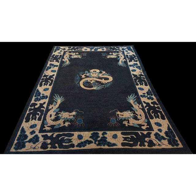 Chinese 1890s Navy Blue Dragon Medallion Antique Chinese Ningxia Carpet Wool Knotted Rug For Sale - Image 3 of 8