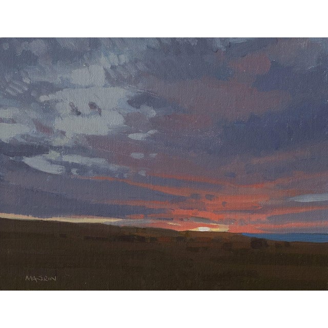 "First Light" is an oil on mounted linen landscape painting by Michael Magrin, completed in 2025. Heavy gray violet clouds...