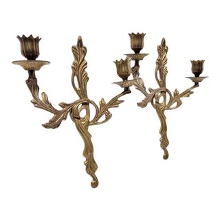 Vintage Louis Xv French Brass Candle Holder Wall Sconces - a Pair For Sale