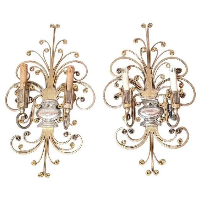 Wrought Iron and Silver Wall Lamp from Maison Baguès, 1950, Set of 2 For Sale - Image 10 of 10