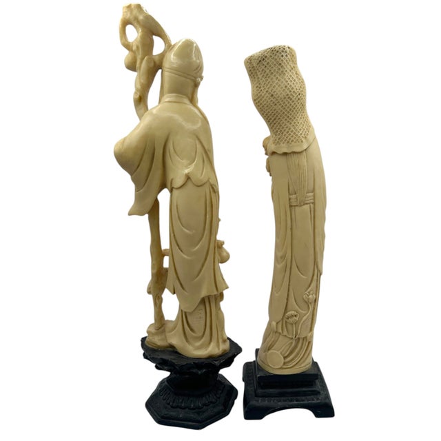 Japanese 1970s A Pair of Carved Ivory-Like Resin Oriental Figurines For Sale - Image 3 of 12