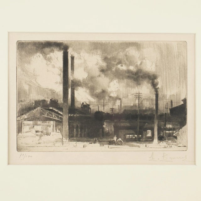 A very richly printed etching of an industrial site. Archival mount and framed. Auguste Brouet studied in Paris in the...