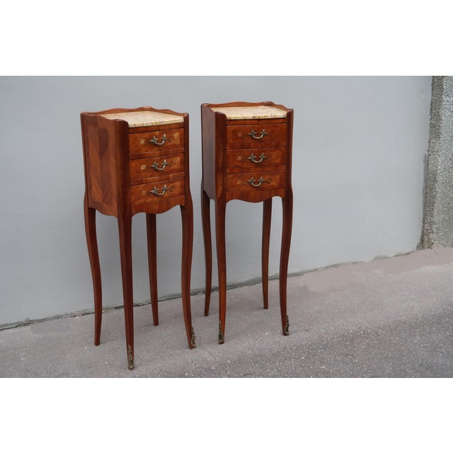 Pair of French Antique Narrow Rosewood Inlaid Side Tables Nightstands For Sale - Image 4 of 13