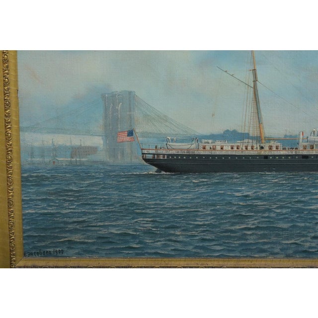 1900 - 1909 1900s Antonio Jacobsen ( 1850 - 1921), Oil on Canvas, the Santiago With Brooklyn Bridge! For Sale - Image 5 of 10