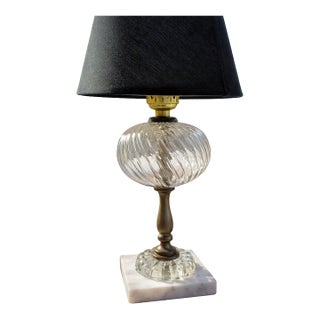 Vintage Marble & Ribbed Glass Table Lamp With Brass Accents – Classic Mid‑Century Style For Sale