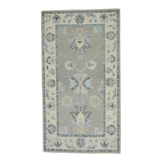 Early 21st Century Gray & Blue Floral Design Handwoven Wool Turkish Oushak Rug 2'9" X 4'11" For Sale