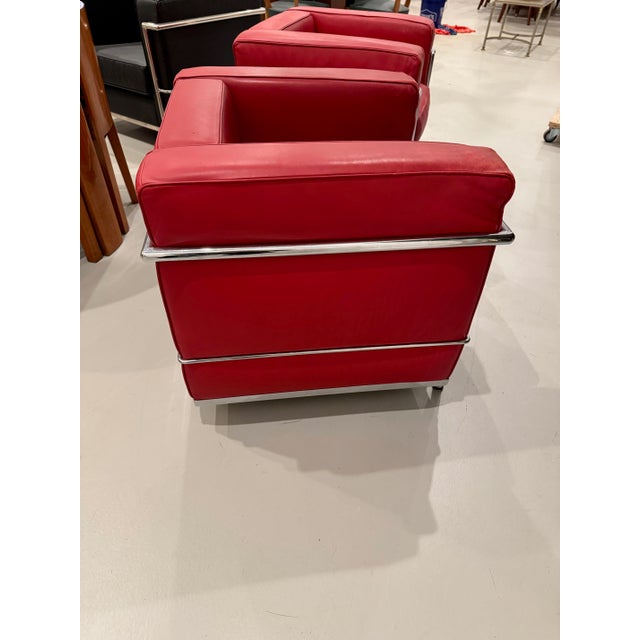 Chrome Pair Of. Chrome and Red Leather Club Chair in the Style of Le Corbusier For Sale - Image 8 of 13