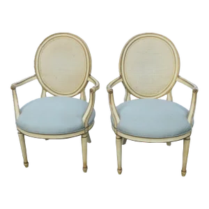 1960s French Shabby Chic Painted Caned Back Side Chairs- a Pair