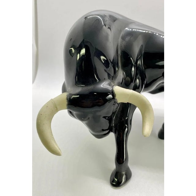 Mid-Century Modern 1950's Ceramic Black Bull Figurine With White Horns, a Pair For Sale - Image 3 of 13