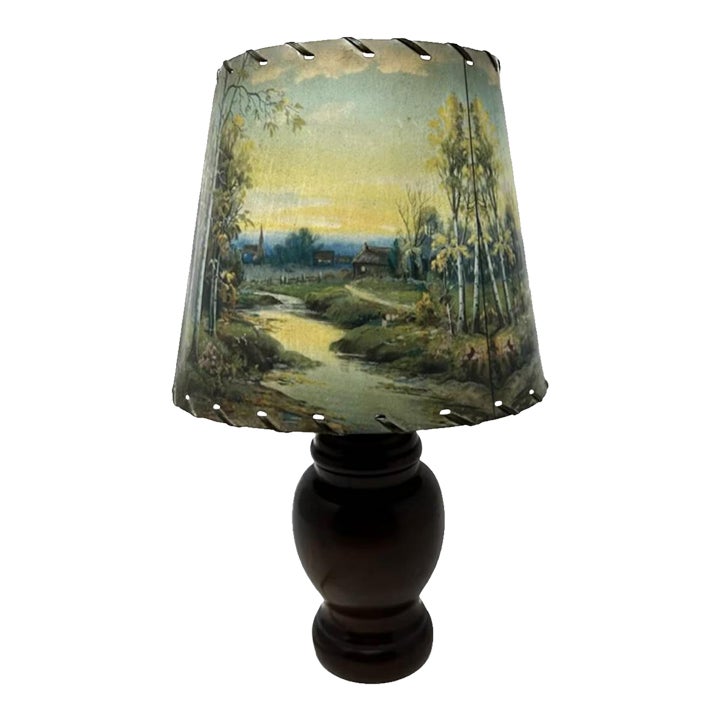 Vintage Accent Table Lamp With Pictorial Celluloid Shade and Solid
