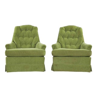 Chartreuse Green Velvet Swivel Rocking Lounge Chairs With Button Back, a Pair For Sale