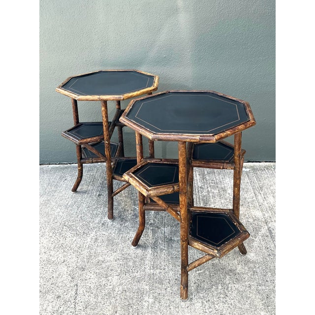 Vintage Octagon Burnt Bamboo Side Tables - A Pair For Sale - Image 9 of 12