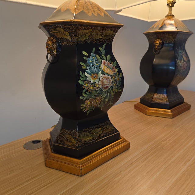 Black Late 20th Century Chelsea House Neoclassical Black Lacquer Painted Trophy Urn Table Lamps 32" - A Pair For Sale - Image 8 of 12