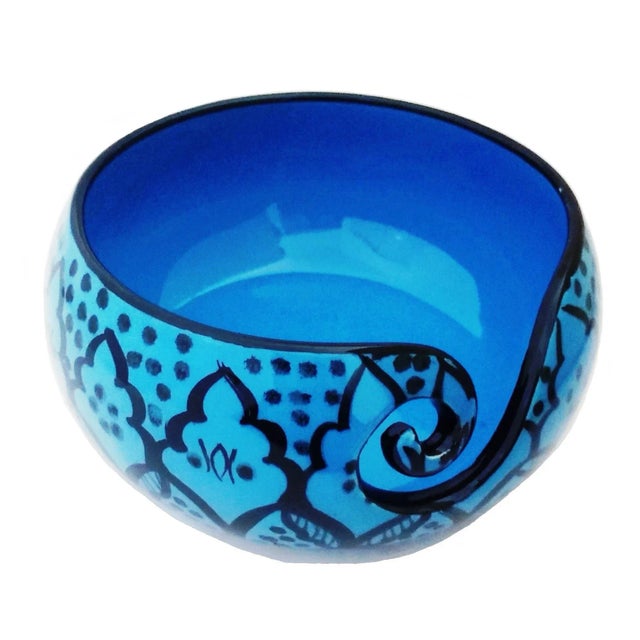 Boho Chic Handcrafted Greek Blue Ceramic Yarn Bowl For Sale - Image 6 of 6