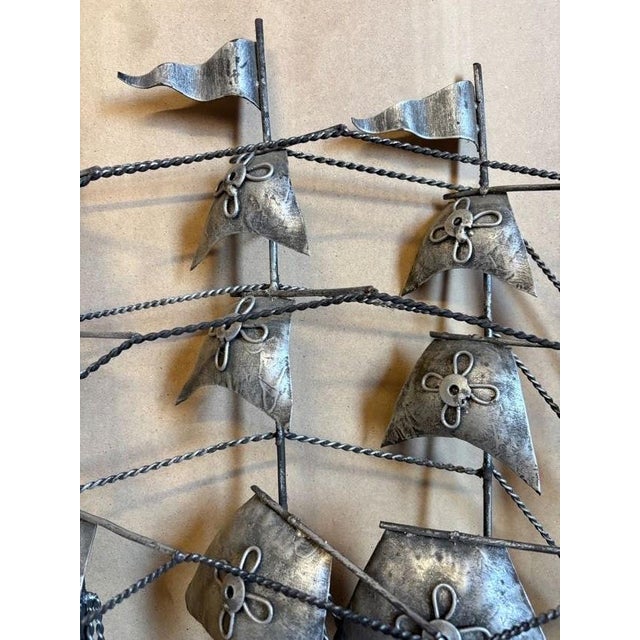 Silver Vintage Brutalist Welded Metal Sailing Ship Wall Sculpture Mid Century For Sale - Image 8 of 17