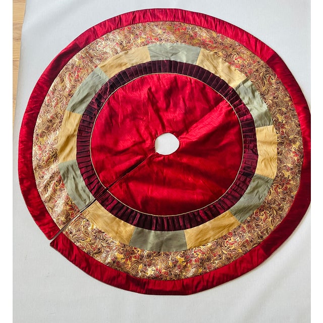 Spectacular rich burgundy red and gold brocade silk combination for Holiday Christmas Tree skirt. 50”.
