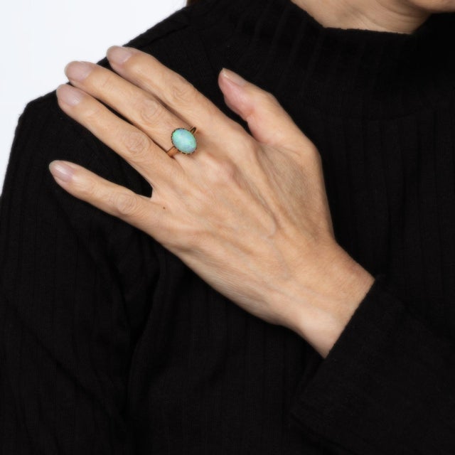 Antique Victorian Opal Solitaire Ring Sz 6.75 14k Yellow Gold Vintage Jewelry For Sale In Los Angeles - Image 6 of 6