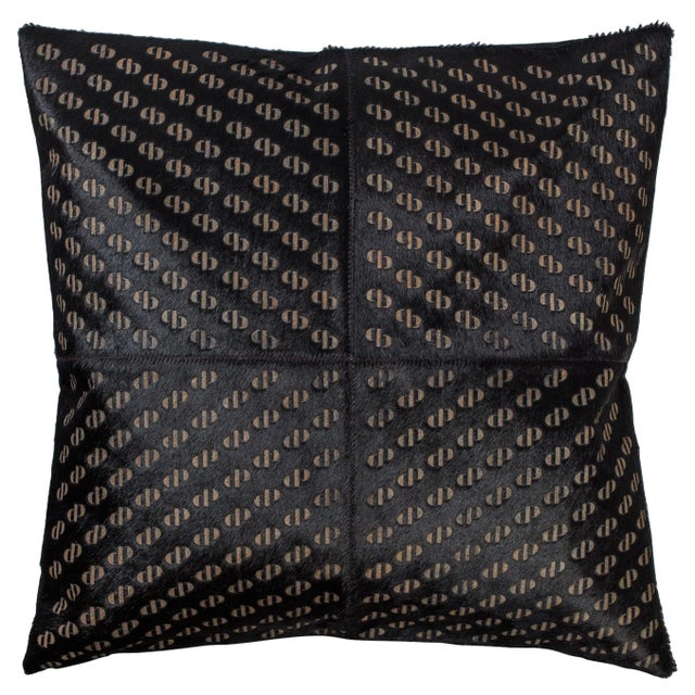 Patterned Cowhide Cushion in Pitch Black with Leather Zip Tassels by Casa Botelho For Sale - Image 10 of 10