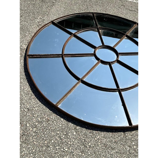 Cinnamon Vintage Round Wrought Iron Large Windowpane Mirror For Sale - Image 8 of 16