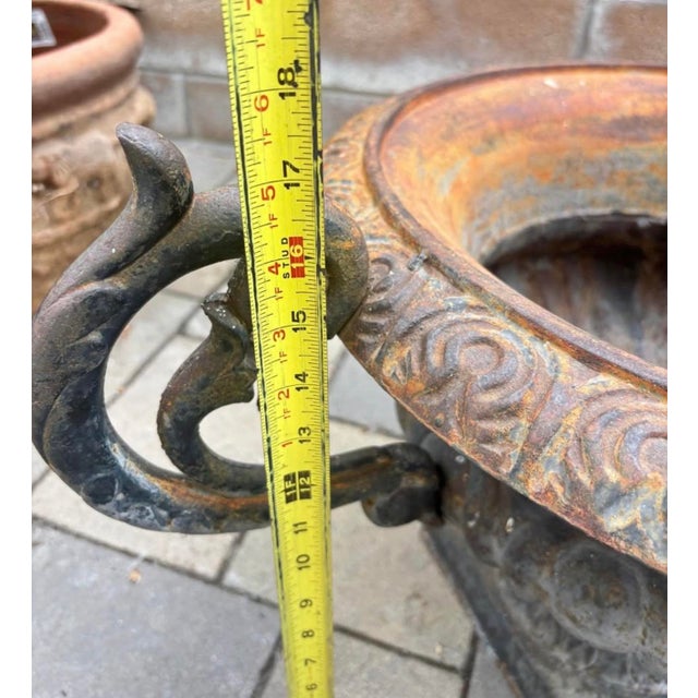 Vintage Ornate Cast Iron Garden Urn Planter With Scroll Handles & Aged Patina For Sale In Los Angeles - Image 6 of 12