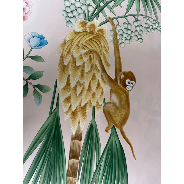 Paper Hand Painted Blush Pink Tropical Chinoiserie Wildlife Floral Mural 8-Panel Set For Sale - Image 7 of 9