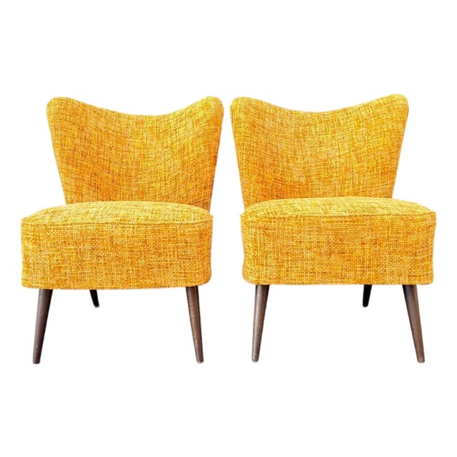 Pair of Danish Modern Cocktail Chairs | Curved Winged Backs in Golden Mustard Tweed | Tapered Wood Legs | C. 1950s For Sale