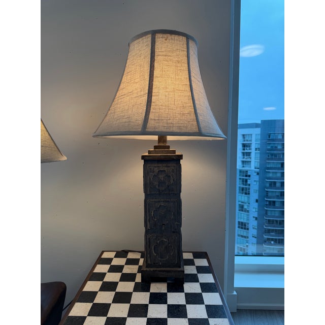 Contemporary Attributed to Uttermost Carved Wood Table Lamps W/ Shades (32"h) - a Pair For Sale - Image 3 of 12