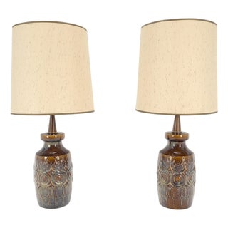Mid 20th Century Brown Grey Blue Glazed Pottery Ceramic Vase Shape Table Lamp Mint - a Pair For Sale