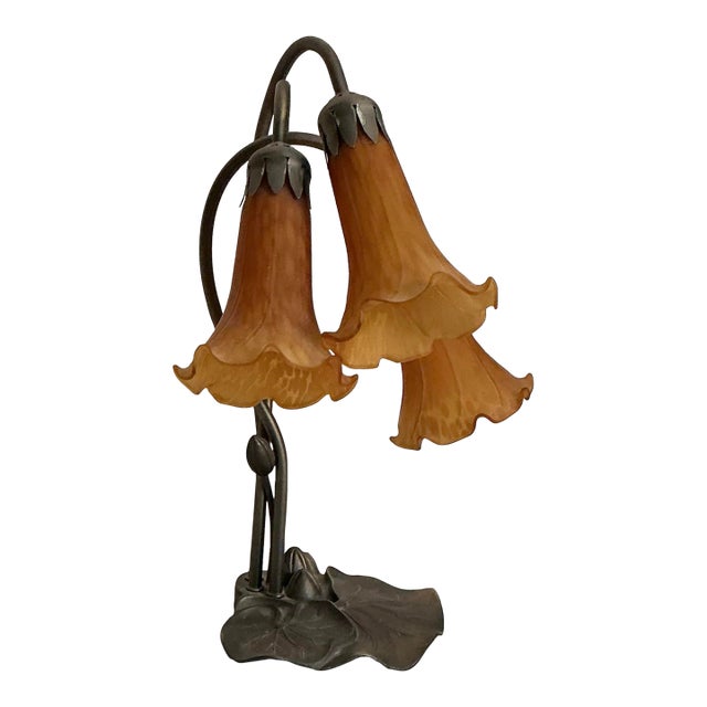 Tiffany Styled Pond Lily Three Light 16"Tall Table Lamp For Sale