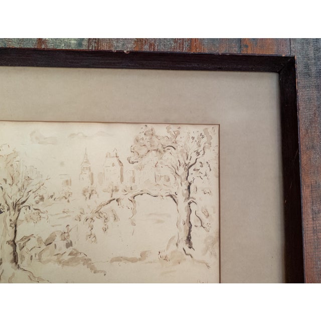 Brown 20th Century American Pen and Ink Drawing of Central Park New York City, Signed Bell For Sale - Image 8 of 13