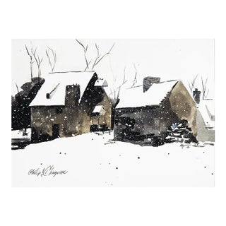 Contemporary Farmhouse Barn on Snowy Winter Day Watercolor Painting For Sale