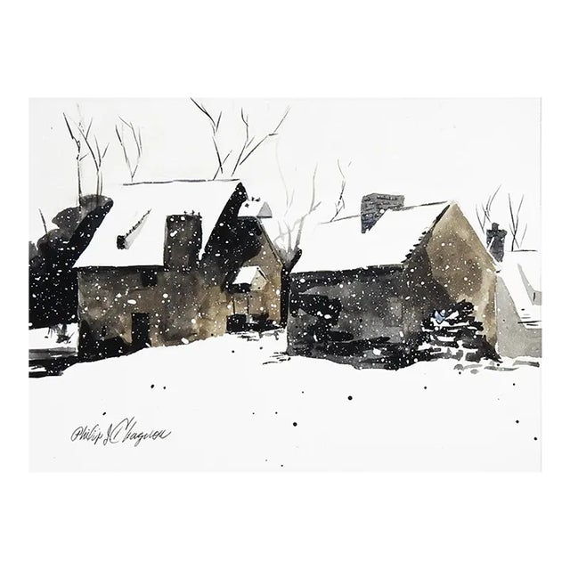 Contemporary Farmhouse Barn on Snowy Winter Day Watercolor Painting For Sale