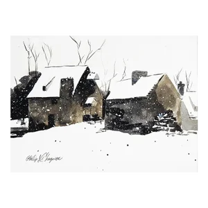 Contemporary Farmhouse Barn on Snowy Winter Day Watercolor Painting