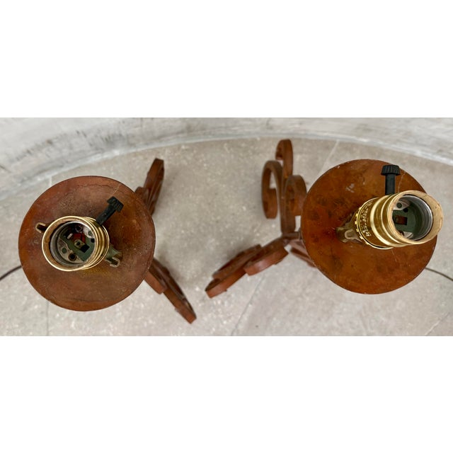 Brown Vintage Rustic Wrought Iron Spanish Revival Style Candle Holders Converted to Table Lamps, Circa 1980s- A Pair For Sale - Image 8 of 12